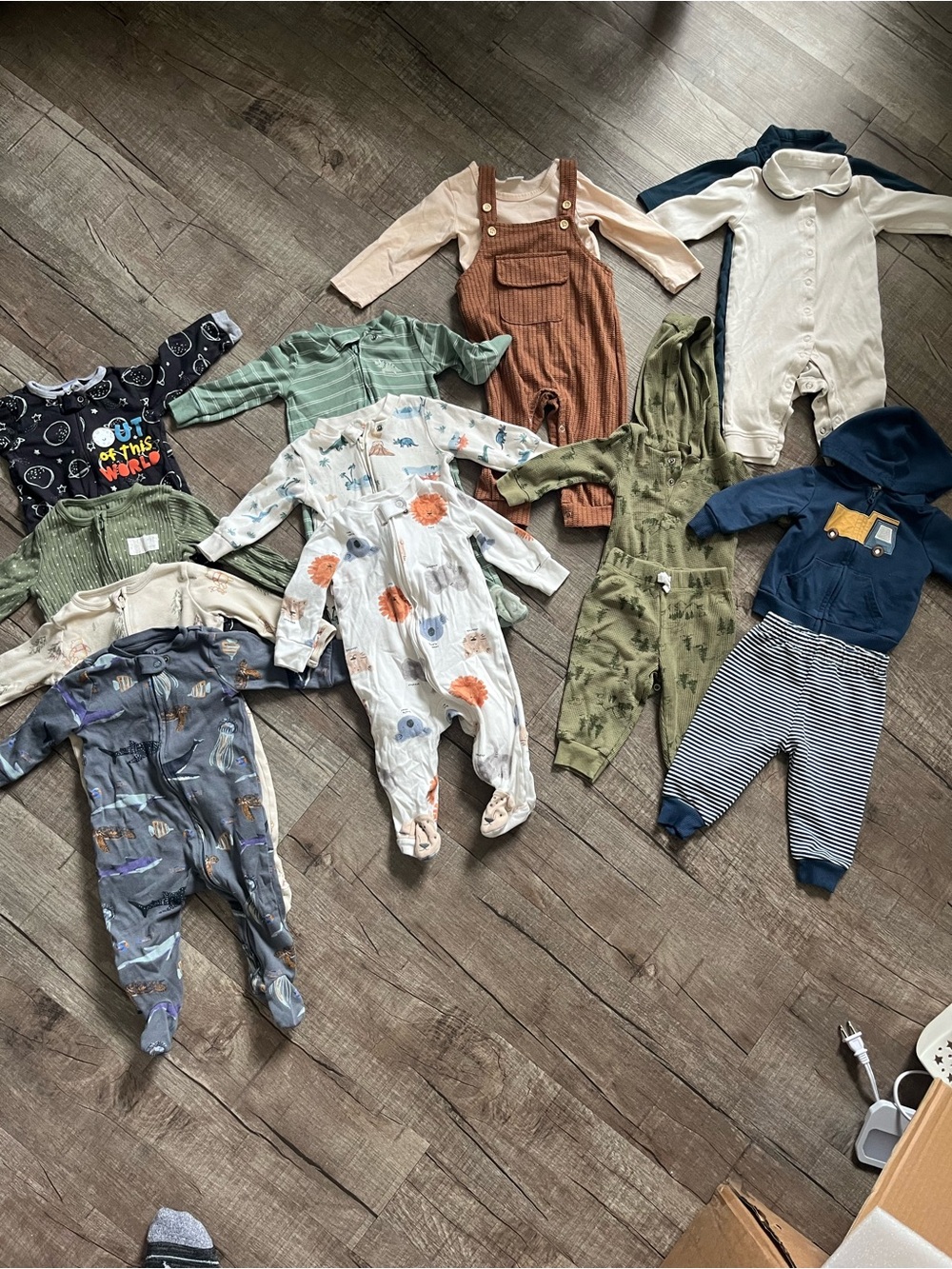 Carter's Green, Brown, Cream and White Mixed Baby Footies & Overalls Lot